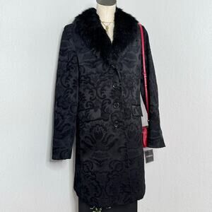Y2K Brocade Coat Black Faux Fur Coller Goth Size Large Whimsigoth Goth